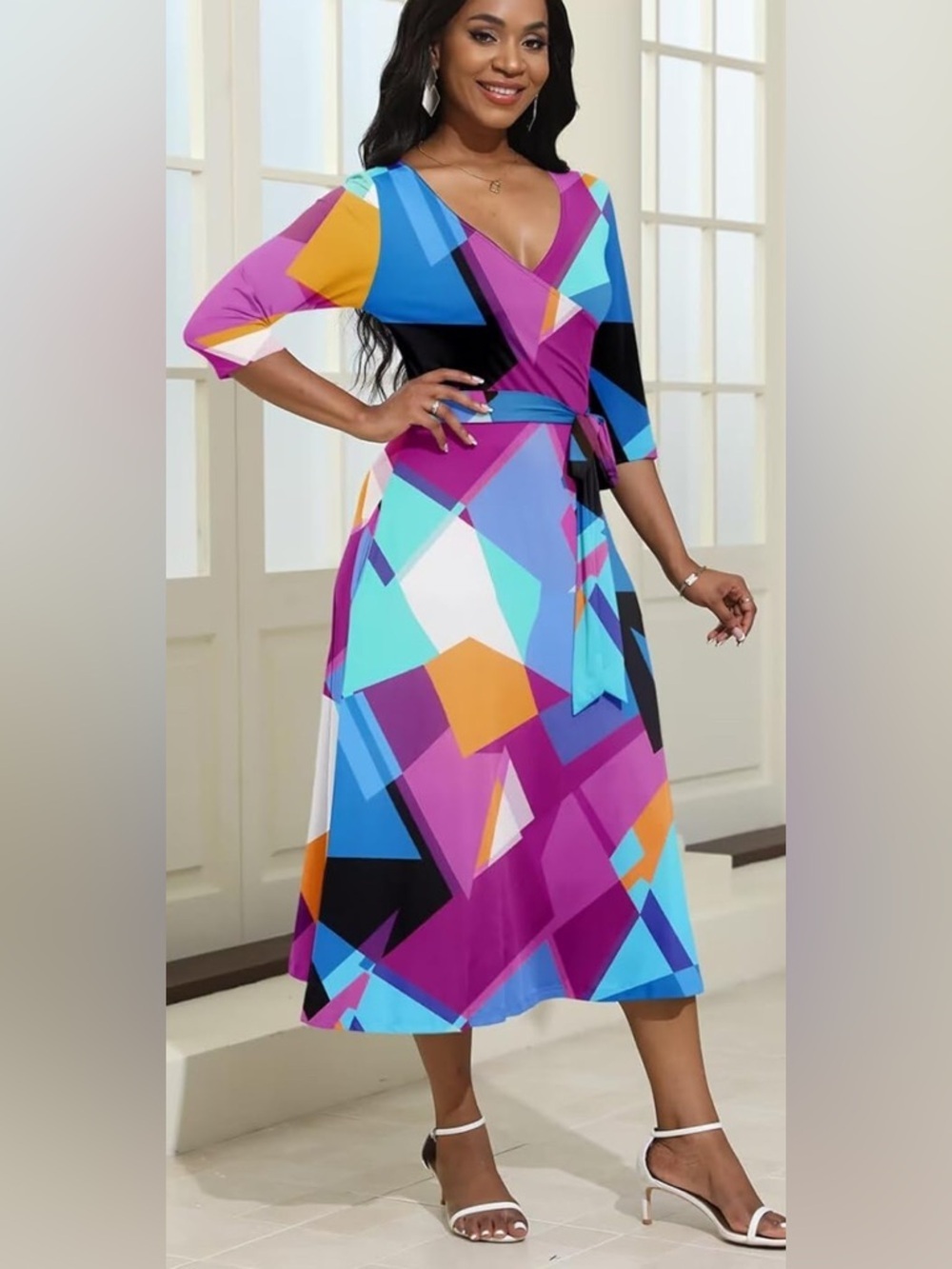 New-Small Vibrant Geometric Wrap Midi Dress - Multi colored 
NO BELT INCLUDED - Picture 5 of 8